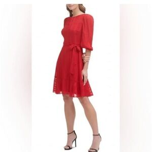 NWT NY Collection Women's 3/4 Sleeve swiss Dot Dress Red PS